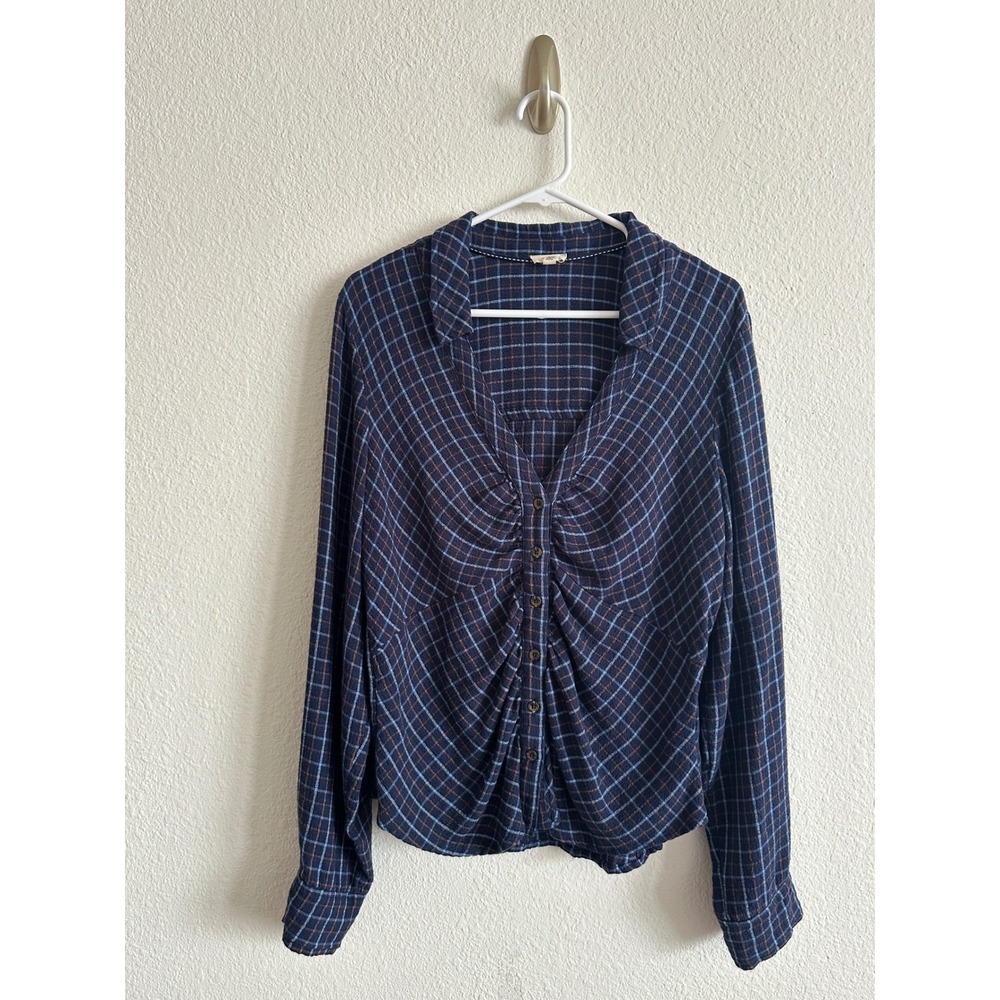 Pilcro Blue Plaid Ruched Front Long Sleeve Button Down Top Boho Casual Fall L